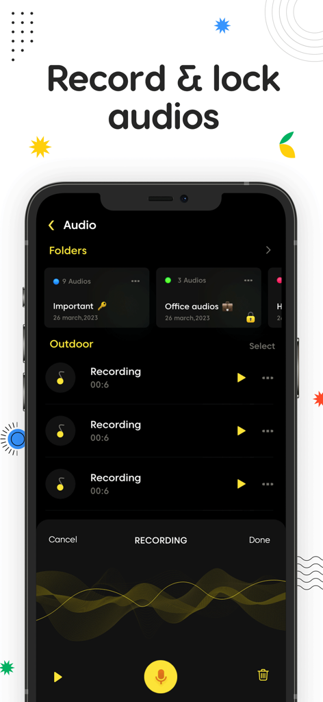 Photo Vault: Hide Pics & Video - A mobile app interface showing a secure audio recording and locking feature with categorized folders for private audio files