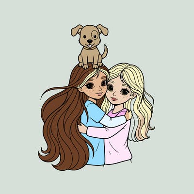 2 girl hugging one has really long and the other has long hair and a beautiful face with a dog on my head