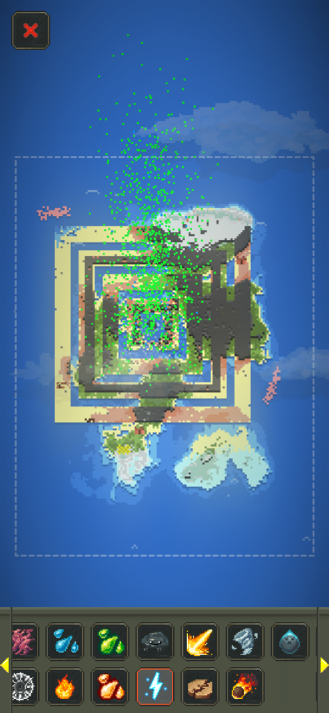 WorldBox - God Sandbox - 번개와 불을 포함한 신의 힘 메뉴가 있는 픽셀 아트 세계 지도의 탑 다운 뷰, 월드박스 신 샌드박스