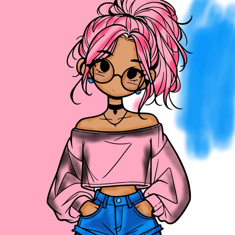 girl with a messy ponytail glasses a baggy crop top and jean shorts