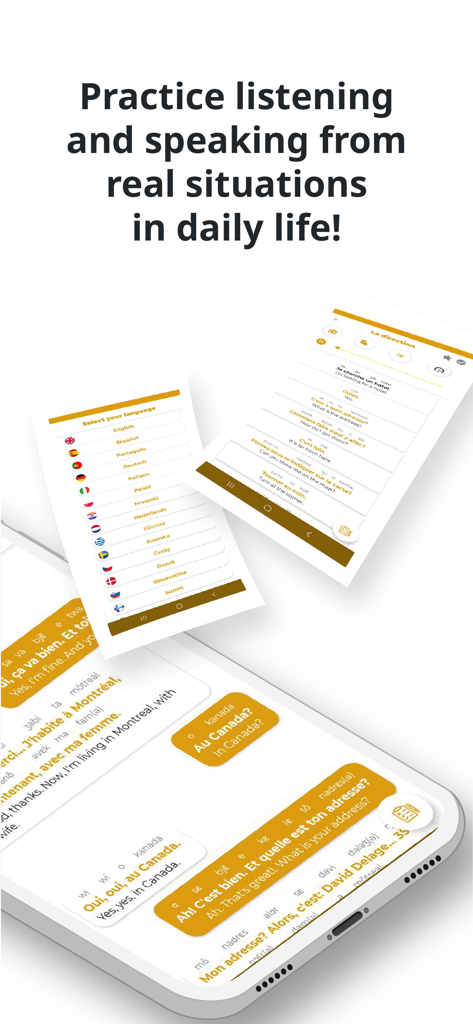 French ー Listening・Speaking - Mobile screens of a French learning app featuring daily life conversation practice and language options.