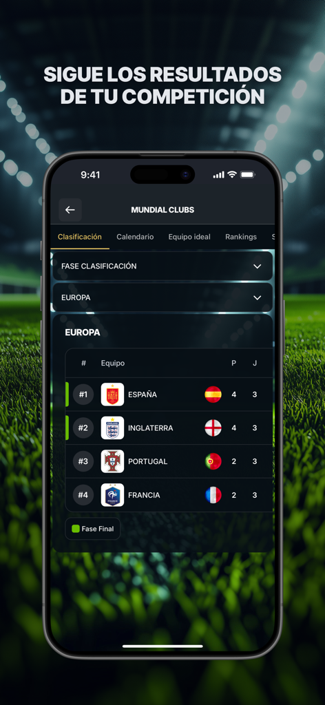 MyGol - Soccer Leagues - MyGol app interface showing amateur soccer league standings and team rankings on a mobile phone.
