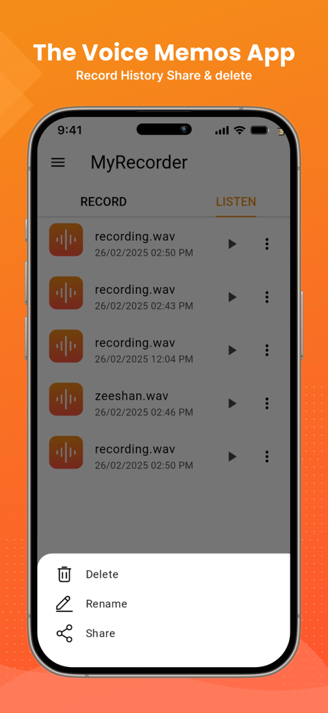 The voice memos app - Una pantalla de smartphone que muestra una lista de grabaciones de audio en formato WAV con un menú para eliminar, renombrar y compartir opciones