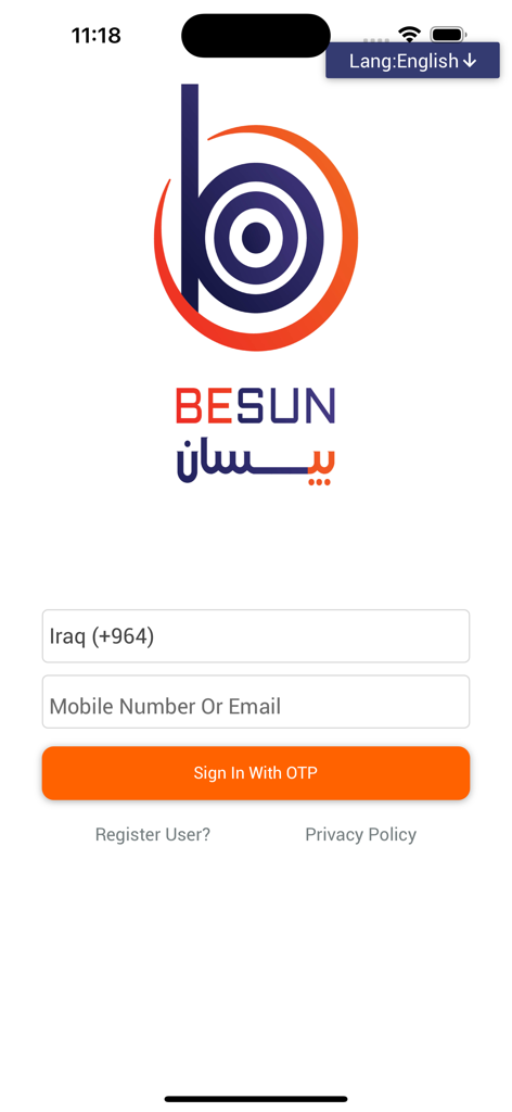 Besun - بيسان - Besun App Anmeldebildschirm mit Logo und Anmeldeoptionen