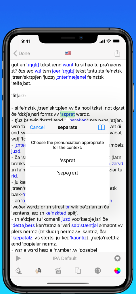 English text converted to International Phonetic Alphabet symbols in the toPhonetics app with a popup to choose a specific word pronunciation.