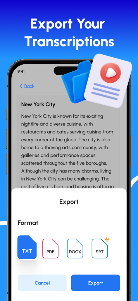 Speech to Text – Voice Typing - A smartphone screen displaying transcription export options including TXT PDF DOCX and SRT formats.