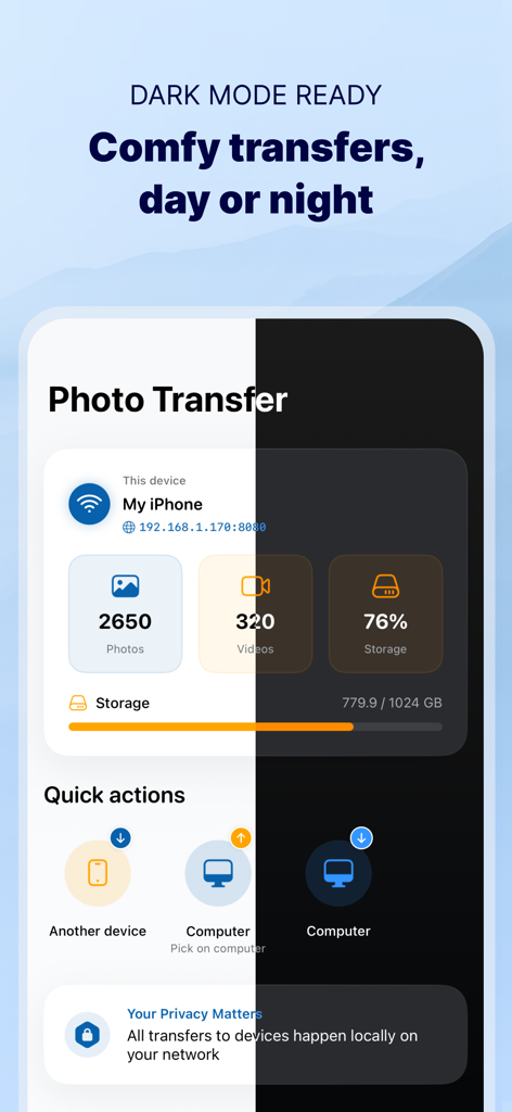 Split view of the Photo Transfer app interface in light and dark mode showing photo storage and transfer options.