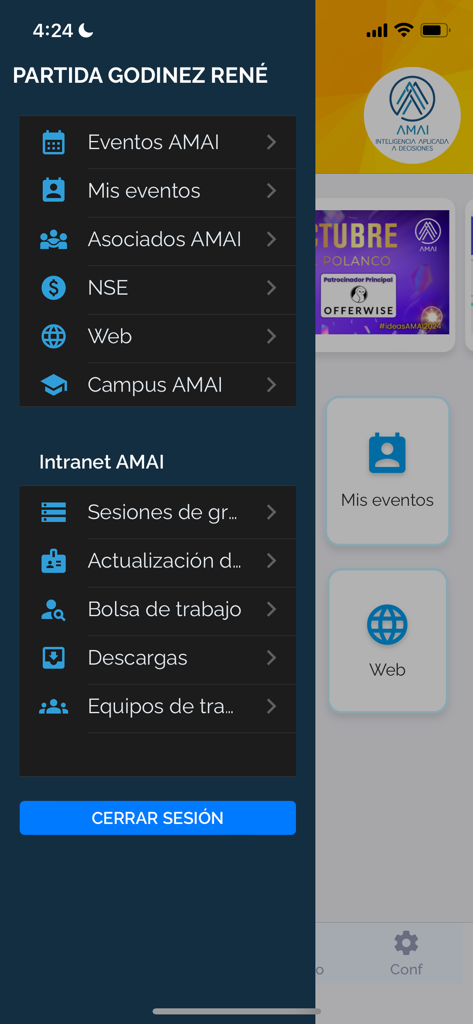 Menú de navegación lateral de la aplicación AMAI Mexico que presenta herramientas de inteligencia empresarial y networking