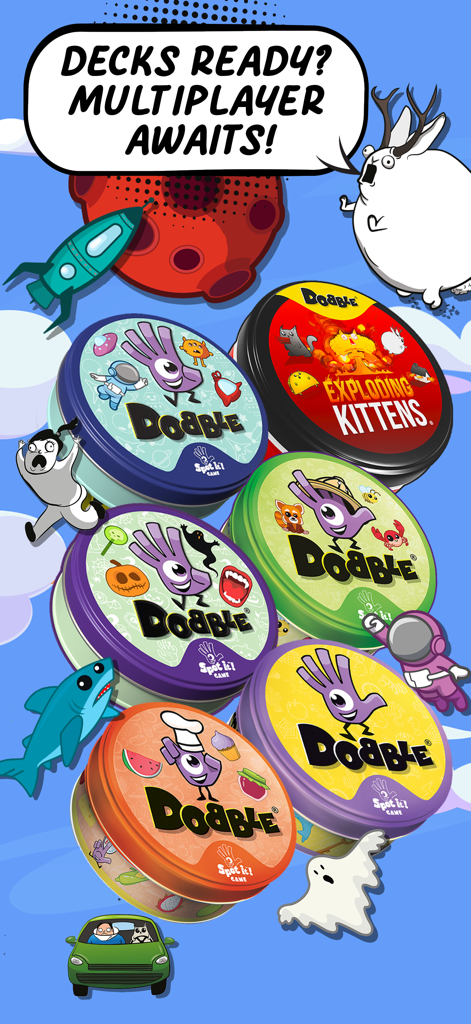 Una collezione di mazzi di carte colorati a tema Spot It con personaggi del gioco e un invito multigiocatore