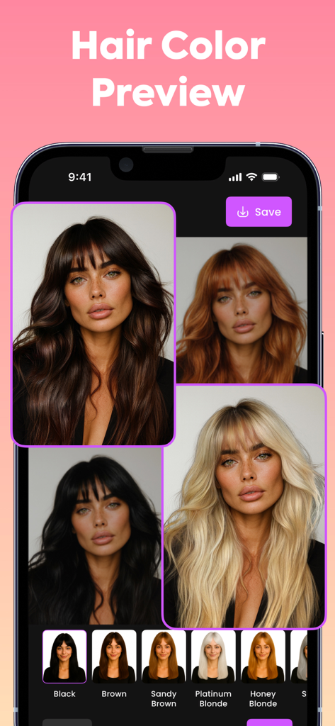 Hairstyle AI – Haircut Try On - Interfaz de vista previa de color de pelo por IA que muestra varios tonos de pelo en una mujer