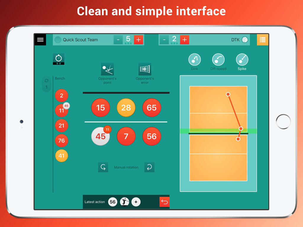 Quick Scout Volley - iPad display of Quick Scout Volley interface showing volleyball court tracking and player statistics.