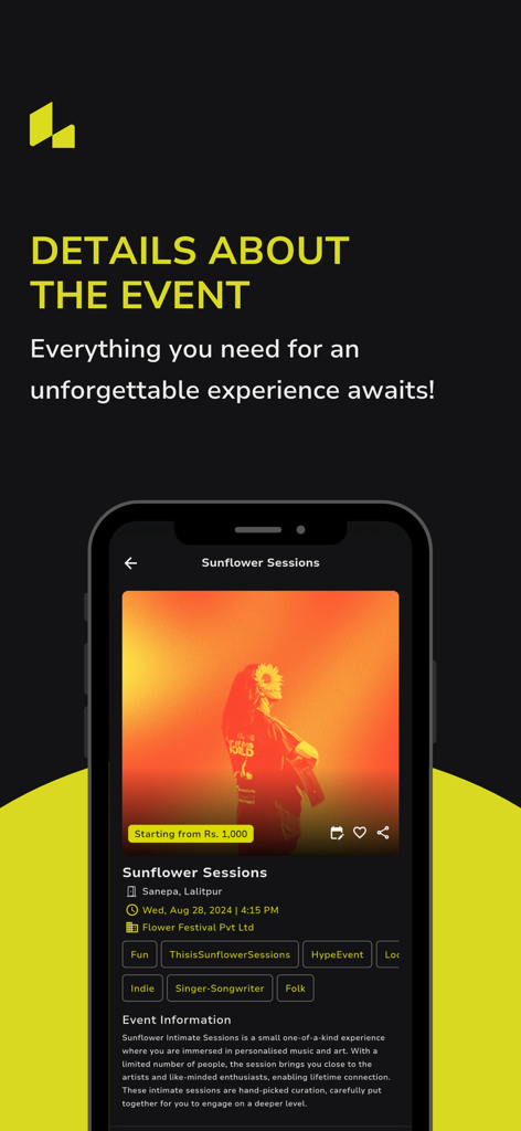 Loko - Explore. Experience. - A smartphone screen displaying the event details for Sunflower Sessions in the Loko app.