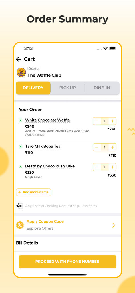 The Waffle Club - Pantalla de resumen del pedido en la app The Waffle Club que muestra un carrito con un waffle de chocolate blanco, té de burbujas de leche de taro y pastel de chocolate.