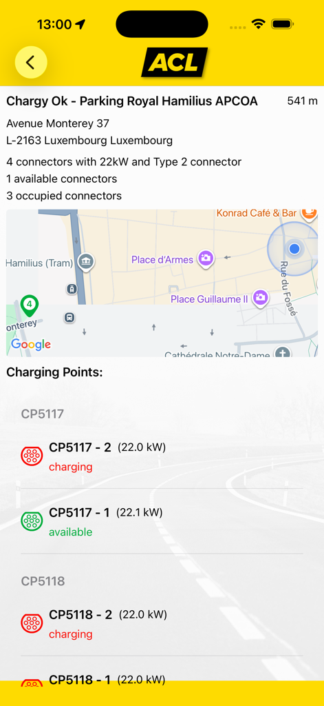 ACL App - Captura de tela do aplicativo ACL exibindo a disponibilidade em tempo real e a localização de pontos de carregamento de veículos elétricos na Cidade do Luxemburgo.