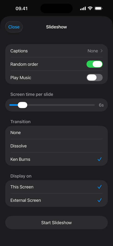Slideshow settings screen in the ShutterSnitch app showing options for transitions like Ken Burns and external display support
