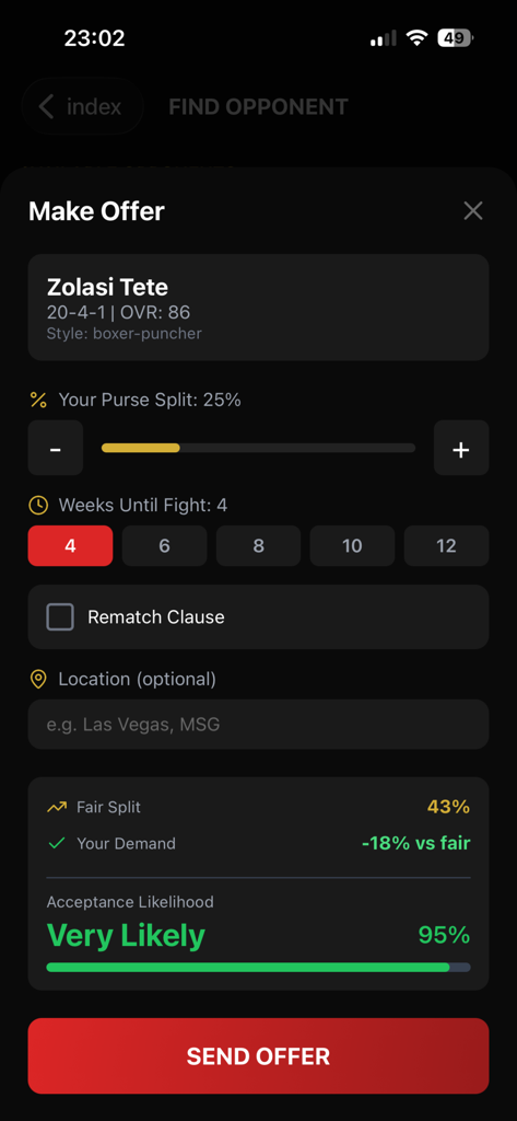 Boxing Career Simulator - Tela de oferta de luta no Simulador de Carreira de Boxe mostrando divisão de bolsa e detalhes de negociação de contrato.