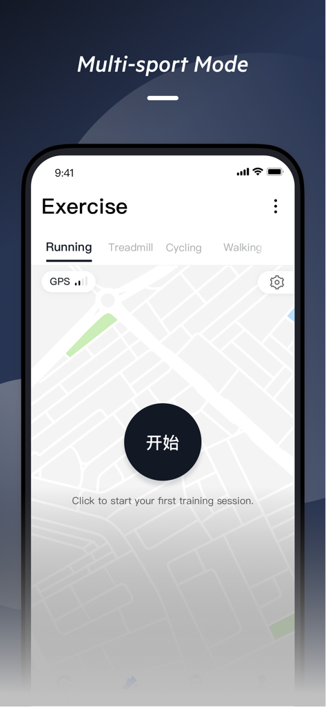 Belk Watch App Trainingsbildschirm zeigt Multi-Sport-Modus mit Lauffunktion und GPS-Karte an