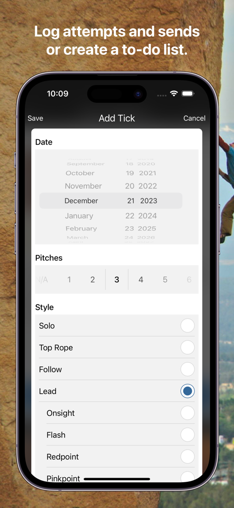 Mountain Project app screen for logging climbing attempts and sends