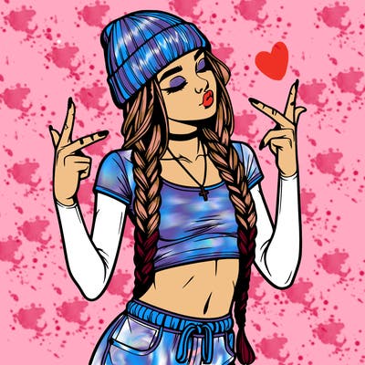 realistic teenage girl with braids and a beanie and crop top doing 🫶🏼