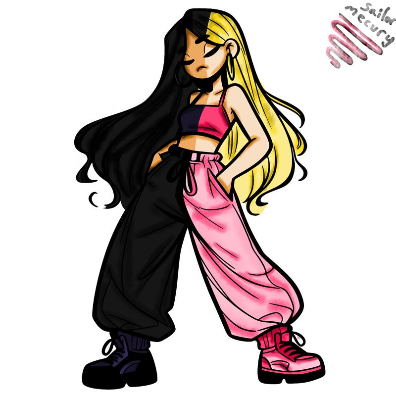 girl in baggy pants crop top and long hair