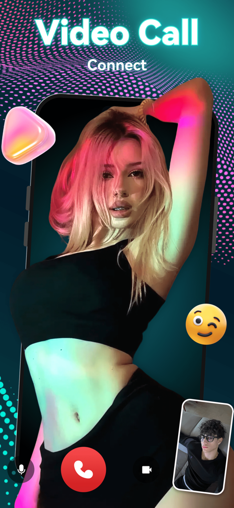 Outfy - Adult, Chat, Connect - Outfyアプリのスクリーンショット。女性と男性間の1対1のビデオ通話を示しています。