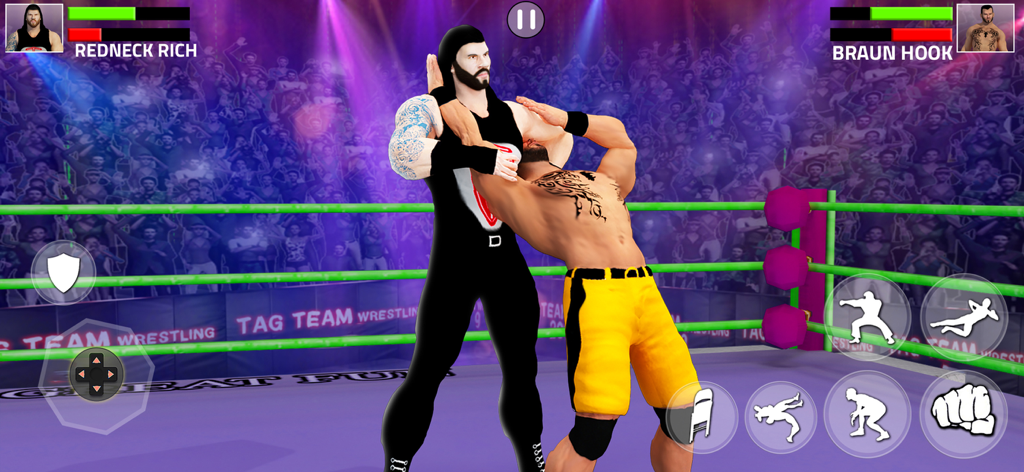 A 3D mobile wrestling game showing two fighters in a ring with one performing a headlock submission.