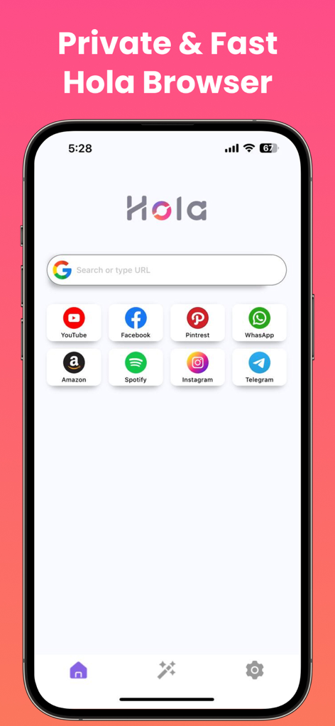 Hola Browser home screen featuring a search bar and quick links to social media apps.