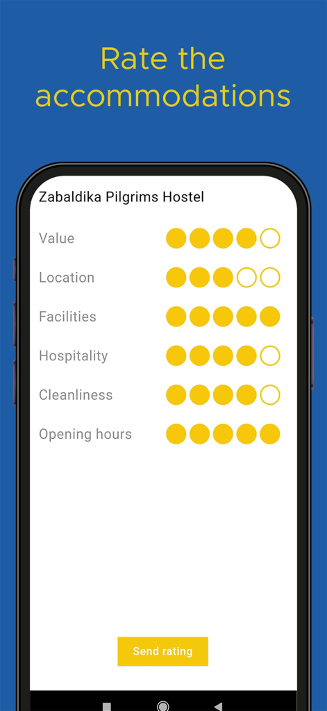 Rating screen for a pilgrims hostel in the Buen Camino app showing categories like value location and cleanliness