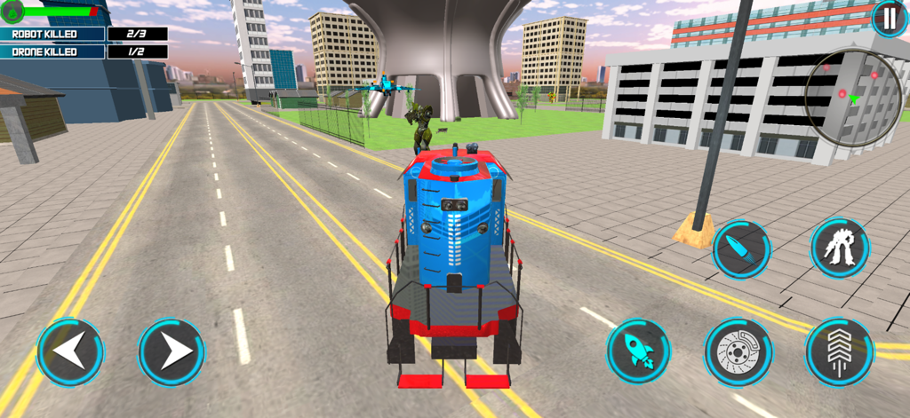 War Machines:Battle Robot Game - Pantalla de juego de War Machines Battle Robot Game con un vehículo en una carretera de la ciudad con controles en pantalla y objetivos de misión