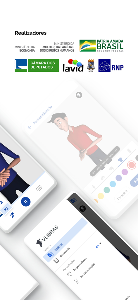 Interface of the VLibras app showing 3D avatar customization and sign language translation menu
