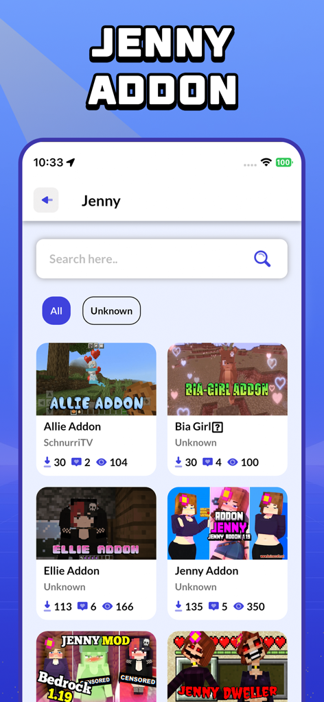 CraftyBox Addon World for MCPE - Search results for Jenny and character addons in the CraftyBox Minecraft PE app