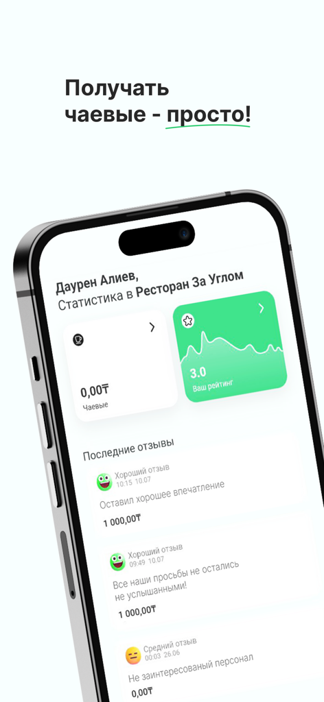 TopTips app interface showing tip statistics and guest reviews