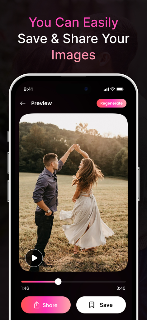 AI Couple Photo Generator - Vorschau-Bildschirm der AI Couple Photo Generator App, der ein tanzendes Paar auf einem Feld mit Speicher- und Freigabeoptionen zeigt