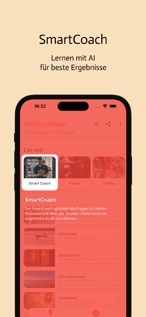 Bootsprüfung Schweiz 2025 - 스위스 보트 면허 준비를 위한 스마트코치 AI 학습 인터페이스를 표시하는 2025 스위스 보트 시험 앱