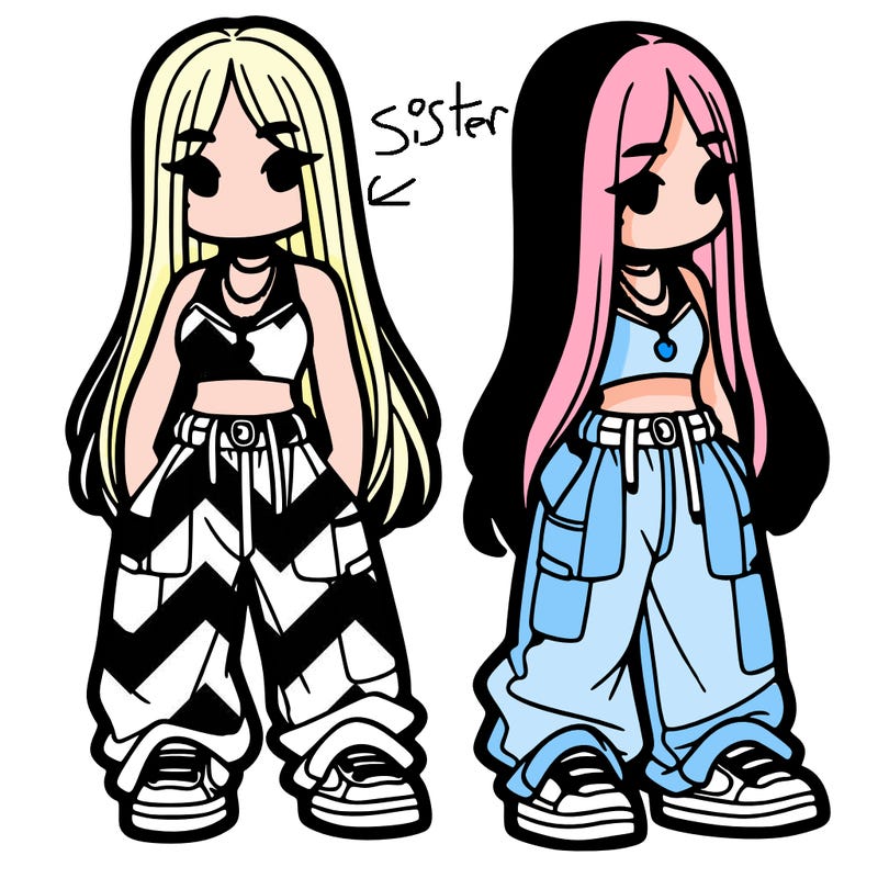 girl in baggy pants crop top and long hair