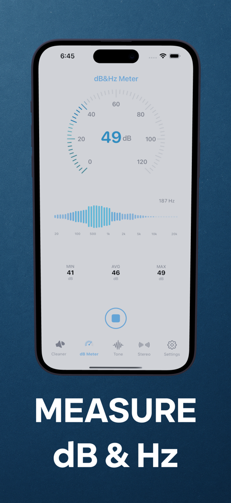 Remove Water From Phone App - Uma tela de smartphone mostrando a interface do medidor de decibéis e frequência com medições de nível de som