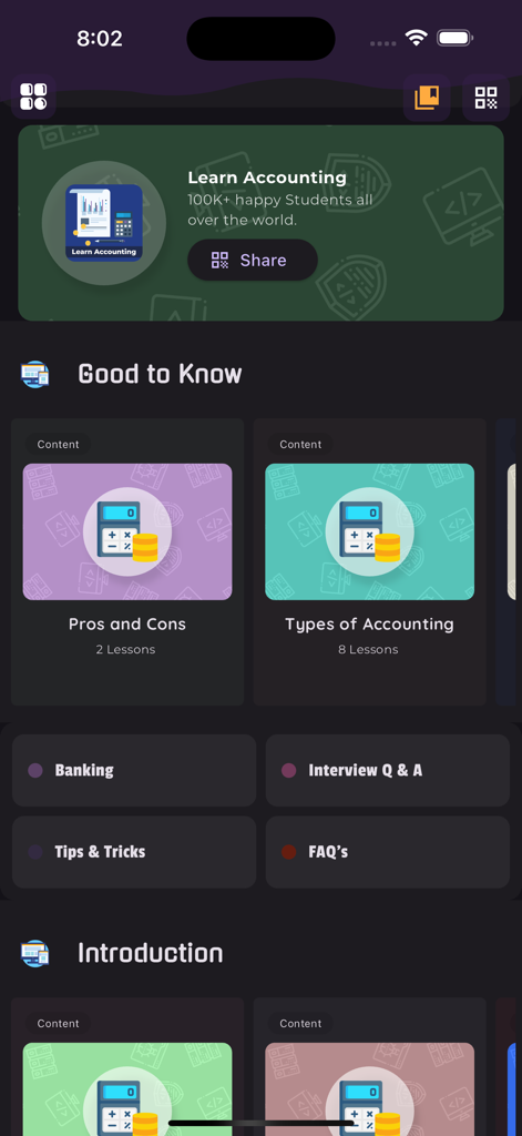 Dashboard of the Learn Financial Accounting PRO app showing accounting lessons and interview preparation resources