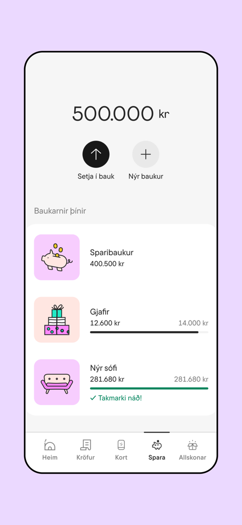 indó - The indó mobile app savings goals screen showing different sub-accounts and progress bars.