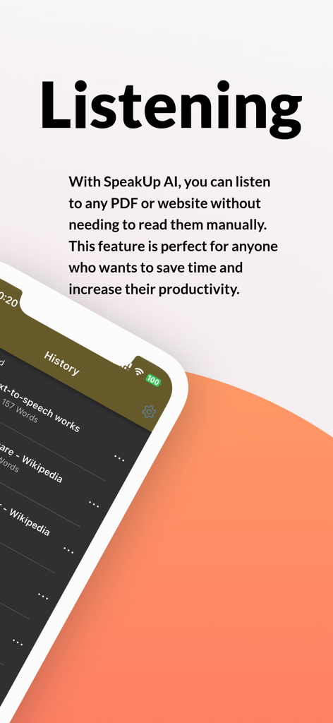 SpeakUp AI - SpeakUp AI app interface demonstrating the listening feature for PDFs and websites.