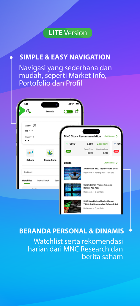 MotionTrade - MotionTrade Lite version interface showing simple navigation and stock market news on mobile screens