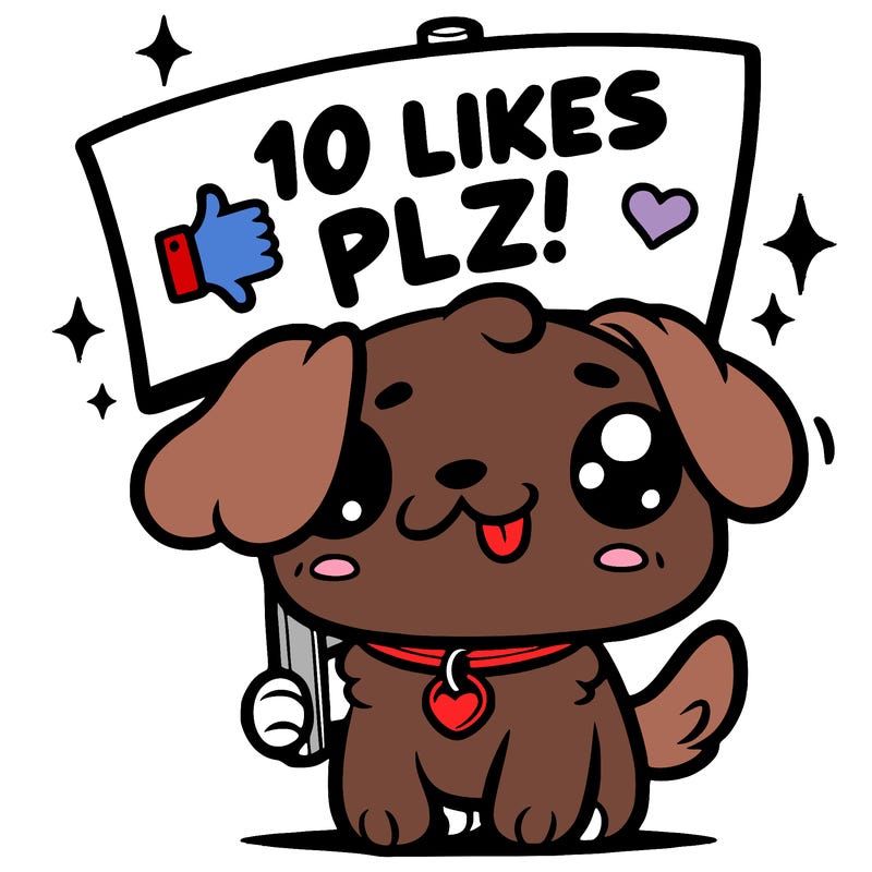 cute dog holding up a sign saying 10 likes plz!