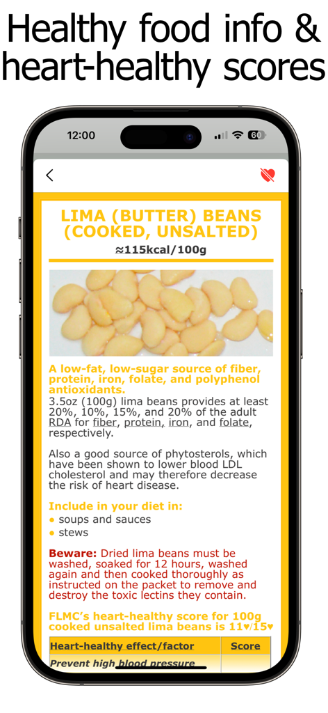 Fiber Counter and Tracker - Fiber Counter app screen displaying nutritional facts and heart-healthy scores for lima beans