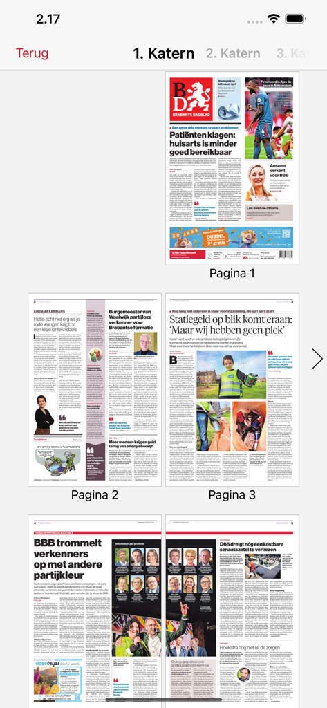 BD - Digitale krant - Grid view of digital newspaper pages in the Brabants Dagblad app