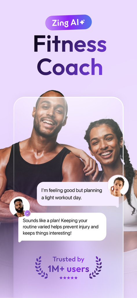 Zing AI: Home & Gym Workouts - Zing AI Fitness Coach app screen featuring an AI chat interaction and a message about being trusted by over one million users.
