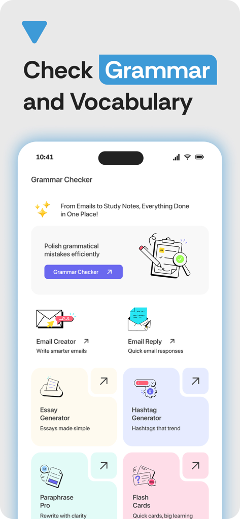 이메일 작성기 및 에세이 생성기와 같은 글쓰기 도구를 보여주는 TurniTin AI 문법 검사기 앱 대시보드