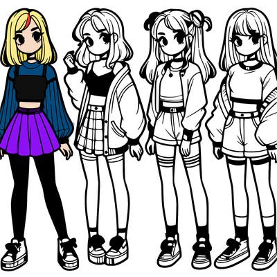 one girl with crop-top shirt and a jacket with a skirt, long socks and another girl with a shirt and pants with a jacket