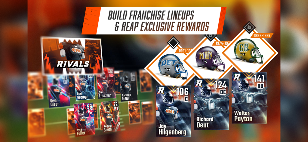 Display of legendary football player cards and team helmets for building franchise lineups in the mobile game.