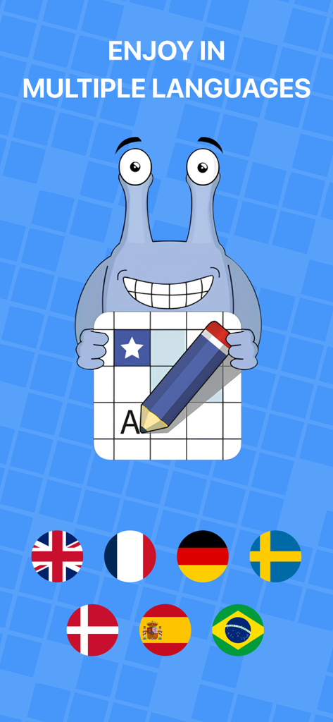 Daily Crossword Puzzles - EN - Un personaggio dei cartoni animati tiene una griglia di cruciverba sopra le bandiere di diverse nazioni che rappresentano le lingue disponibili