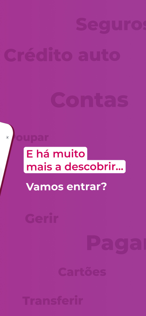 Introductory screen of the Millenniumbcp app on a purple background listing services like insurance and cards in Portuguese