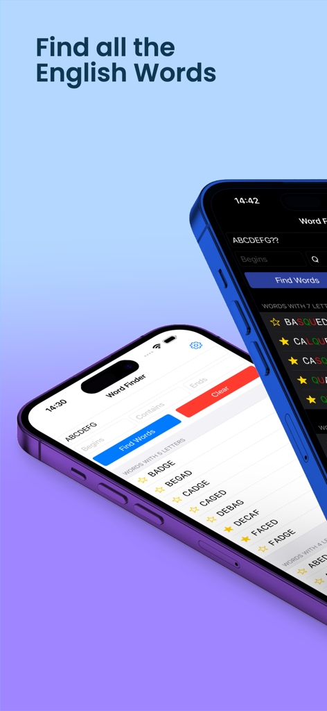 Word Unscrambler, Word Machine - Word Unscrambler app interface on two smartphones showing word suggestions and scoring for word games.